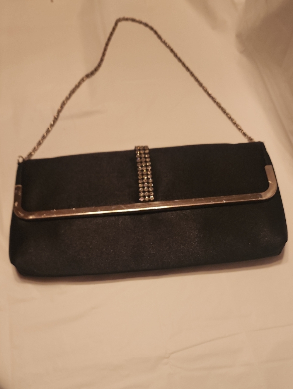 Vintage Black Satin Clutch with Rhinestone Trim